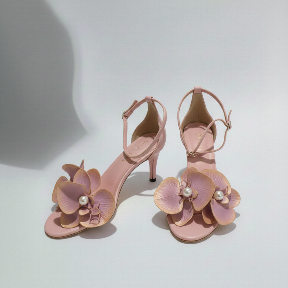 Pink high-heeled shoes with floral designs and pearl accents on a white background