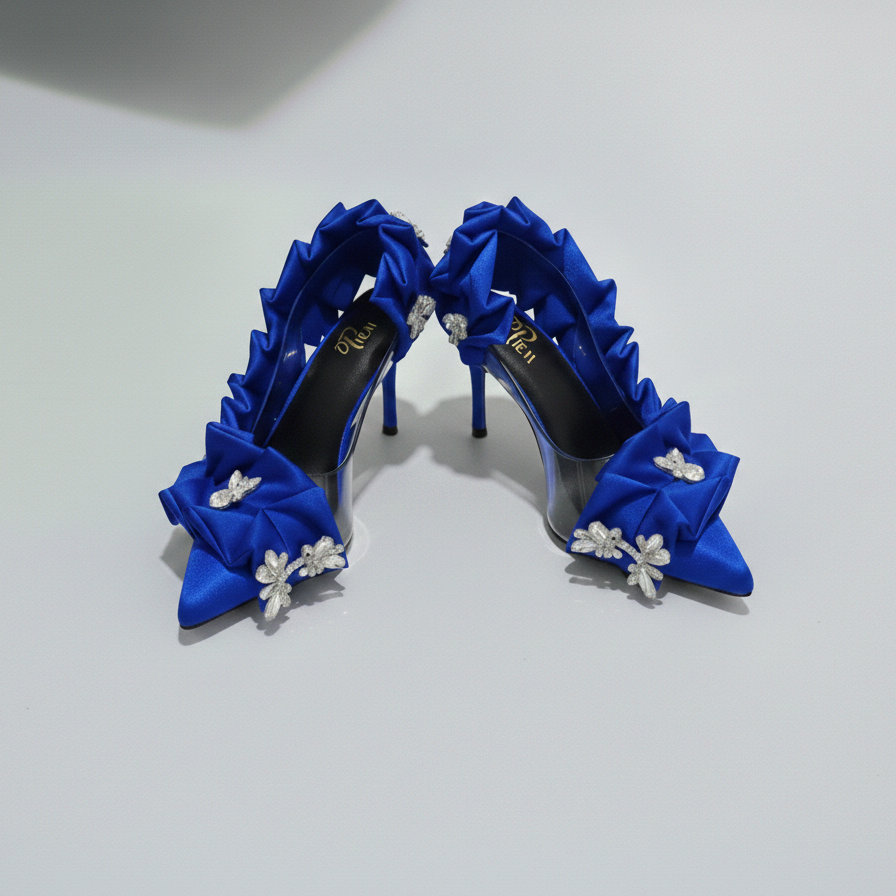 Blue high-heeled shoes with floral details on a light gray background