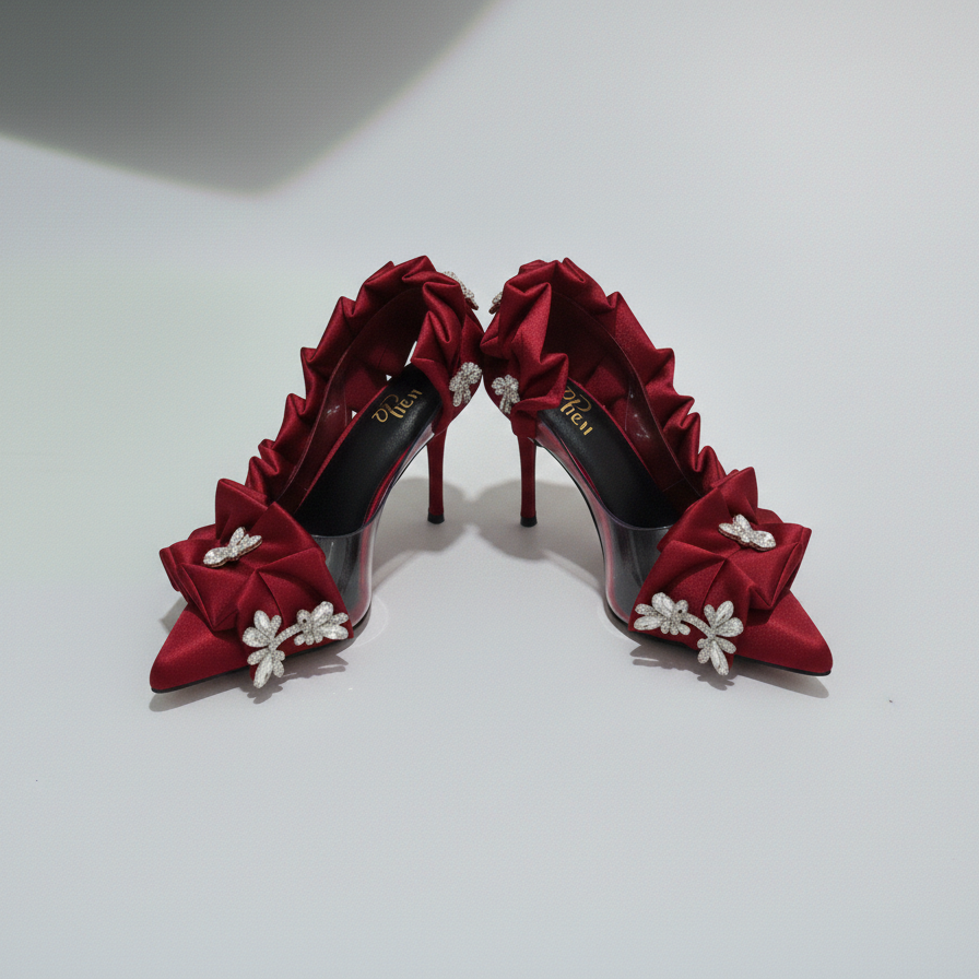 Red high-heeled shoes with floral details on a white background