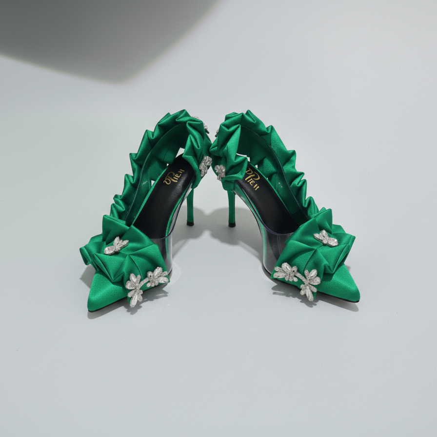 Green high-heeled shoes with floral details on a light gray background