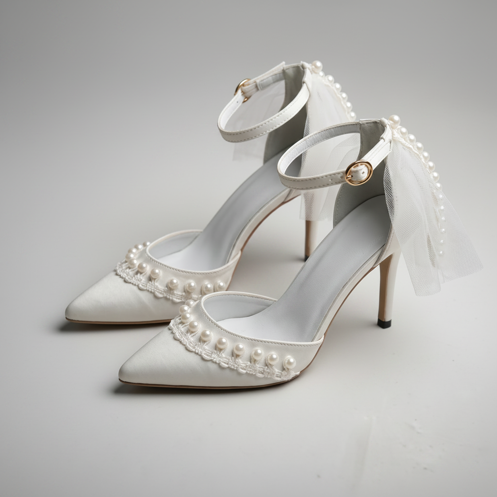 White wedding shoes with pearl embellishments on a gray surface