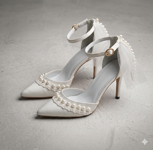White wedding shoes with pearl embellishments on a gray surface