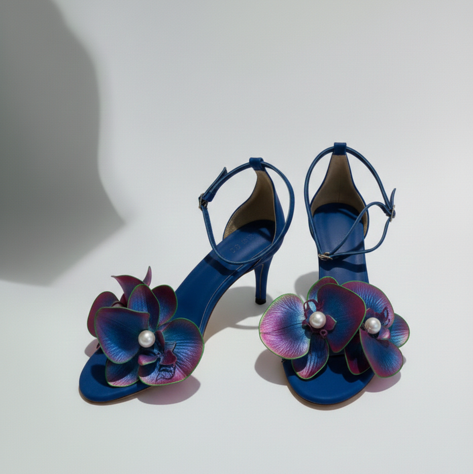 Blue high-heeled shoes with floral designs on a white background