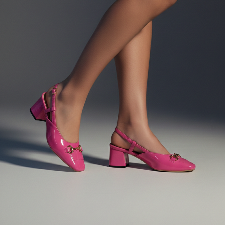 Pink high-heeled shoes worn by a person on a neutral background