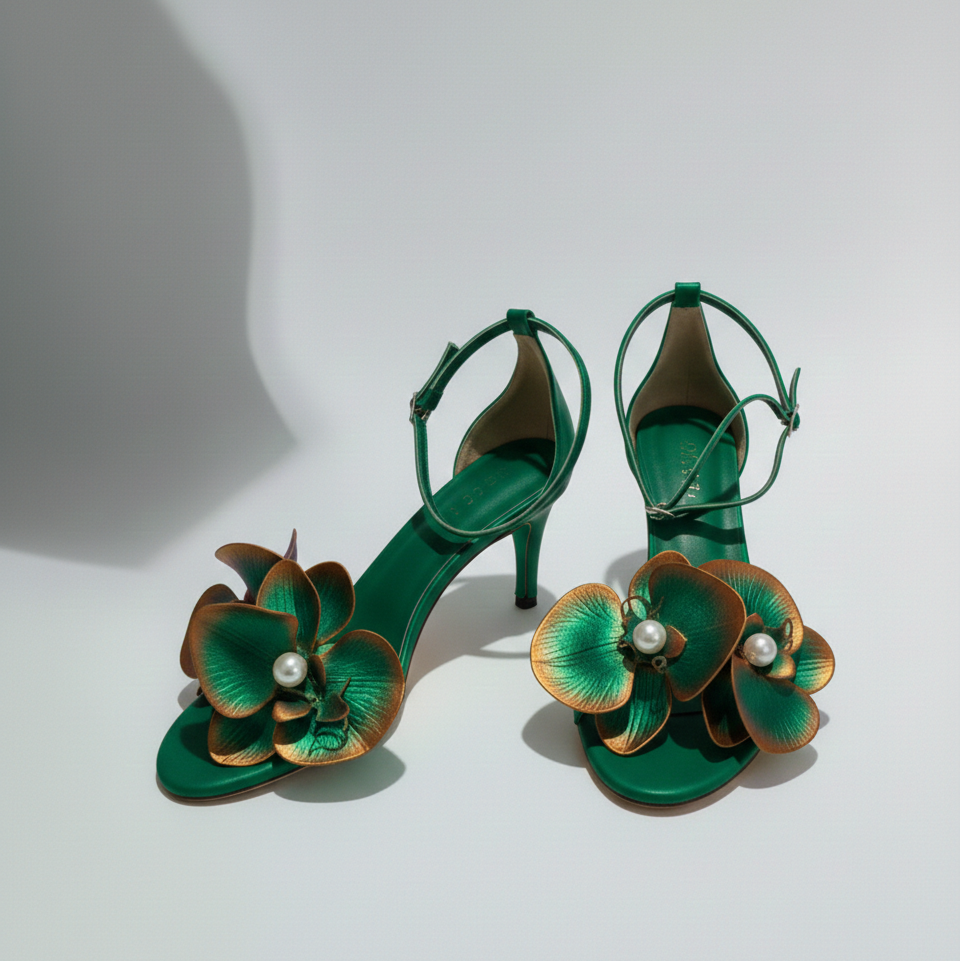 Green high-heeled shoes with floral designs on a white background