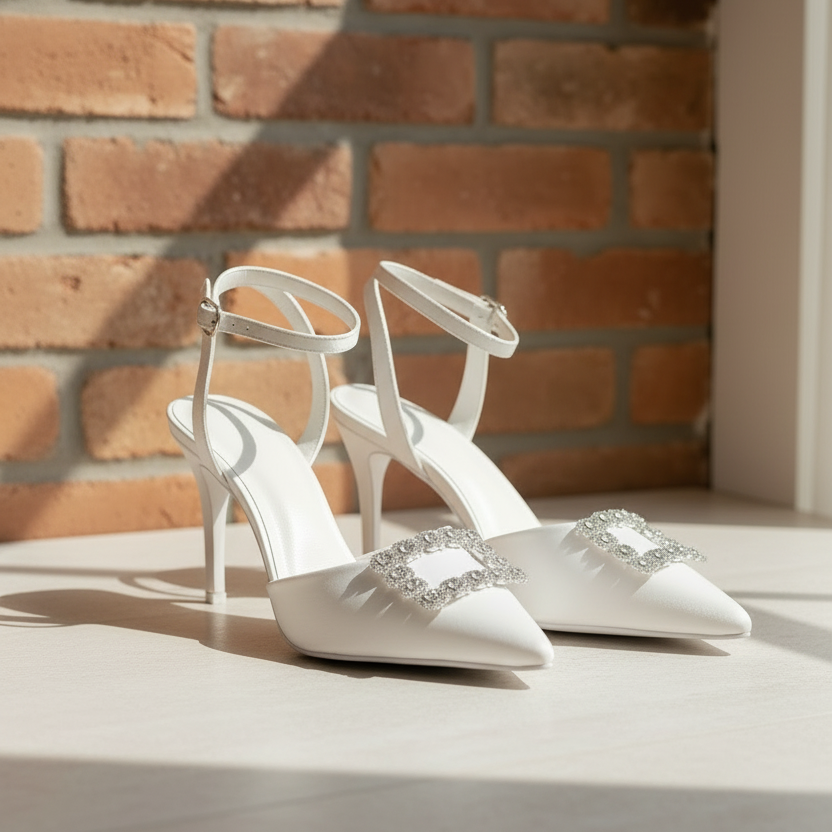 White high-heeled shoes with decorative straps on a light gray background