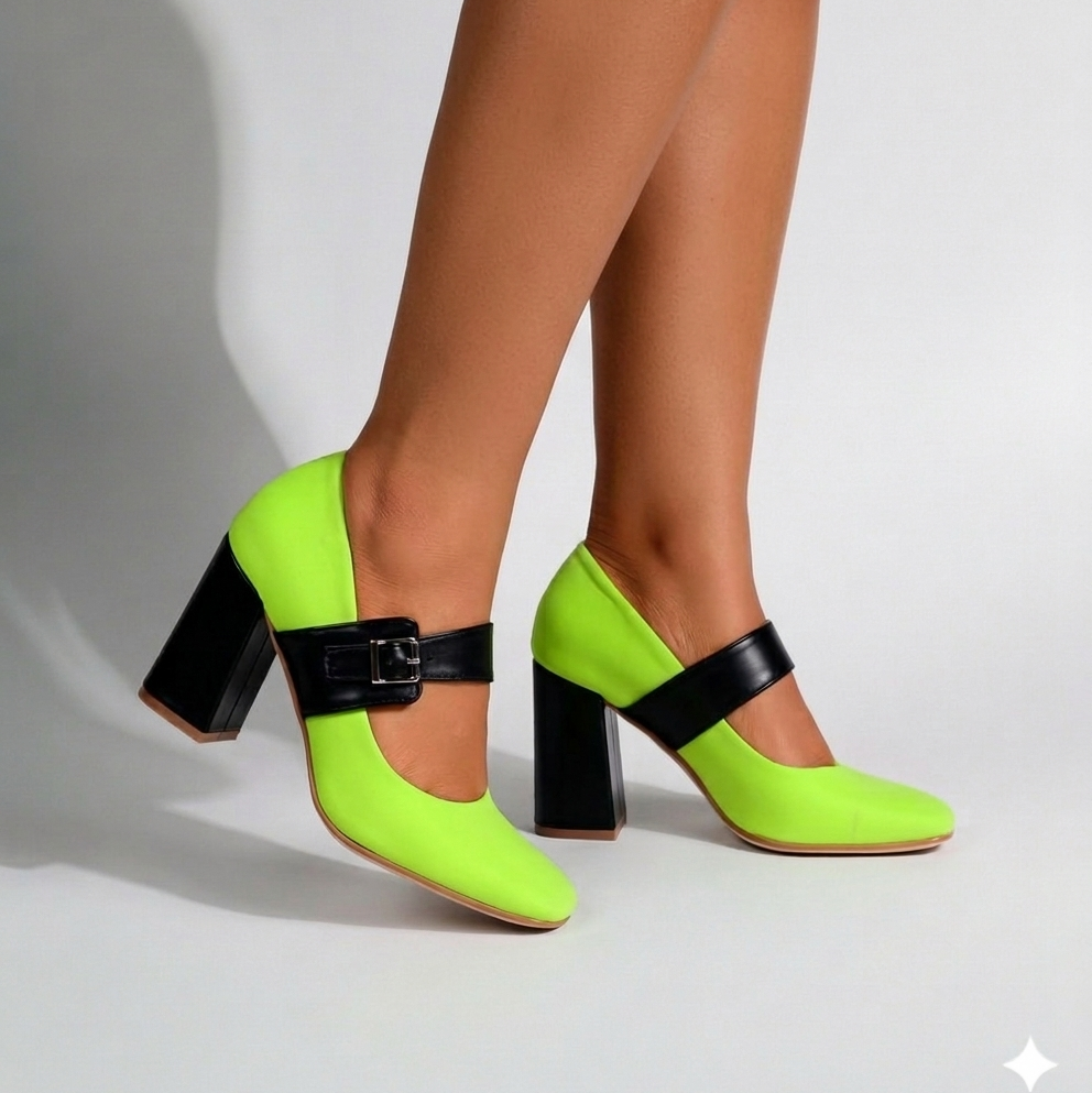 Neon green high-heeled shoes with black buckles on a neutral background