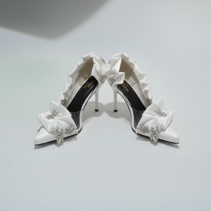Pair of white high-heeled shoes with decorative bows on a light gray background