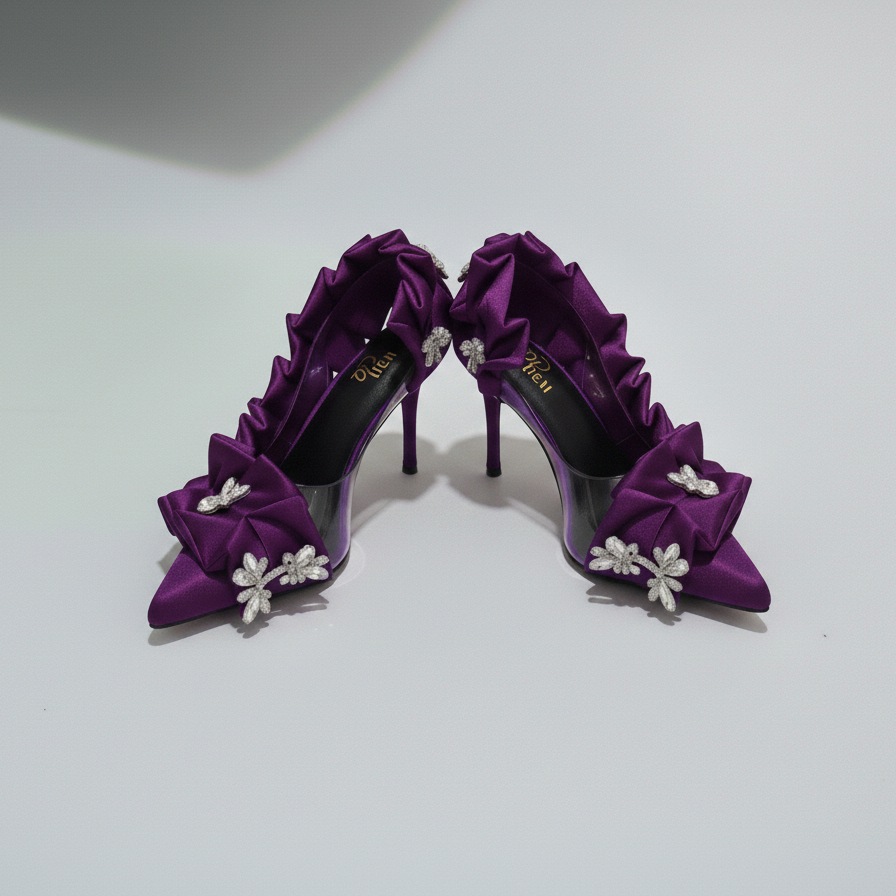 Purple high-heeled shoes with floral details on a white background
