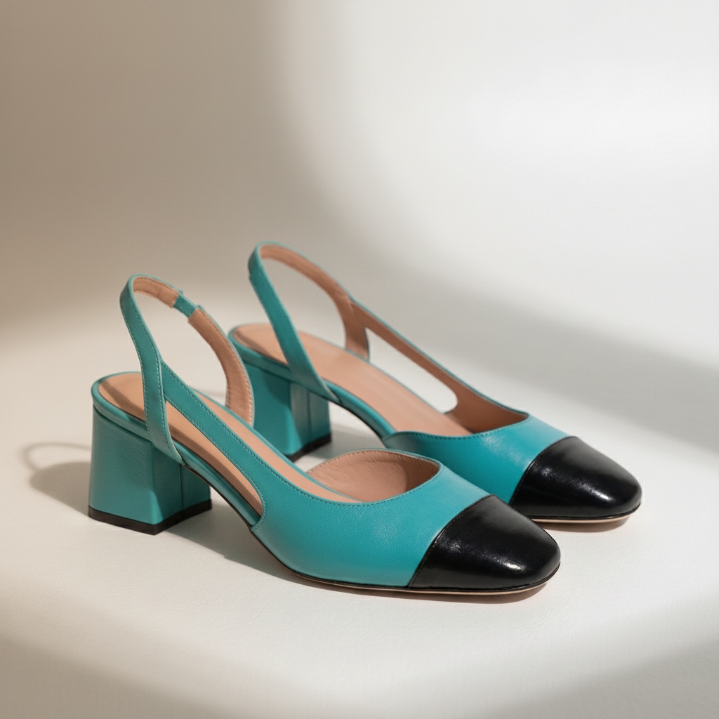Pair of turquoise and black high-heeled shoes on a light gray background