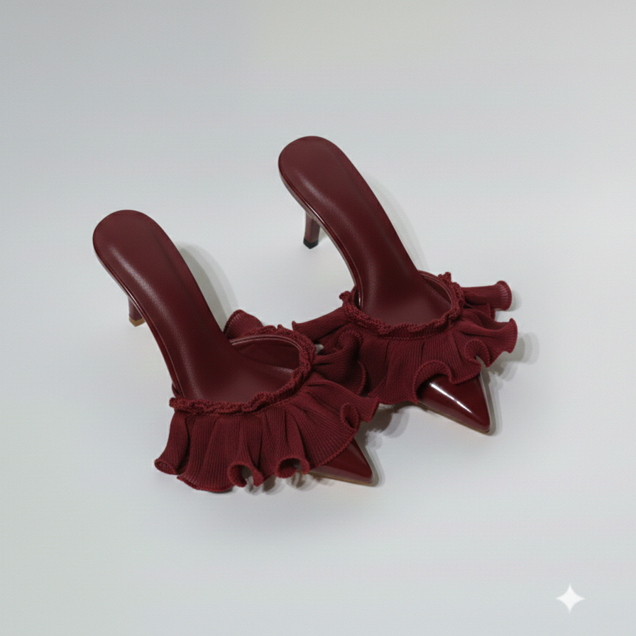 Pair of red high-heeled shoes with ruffled details on a white background