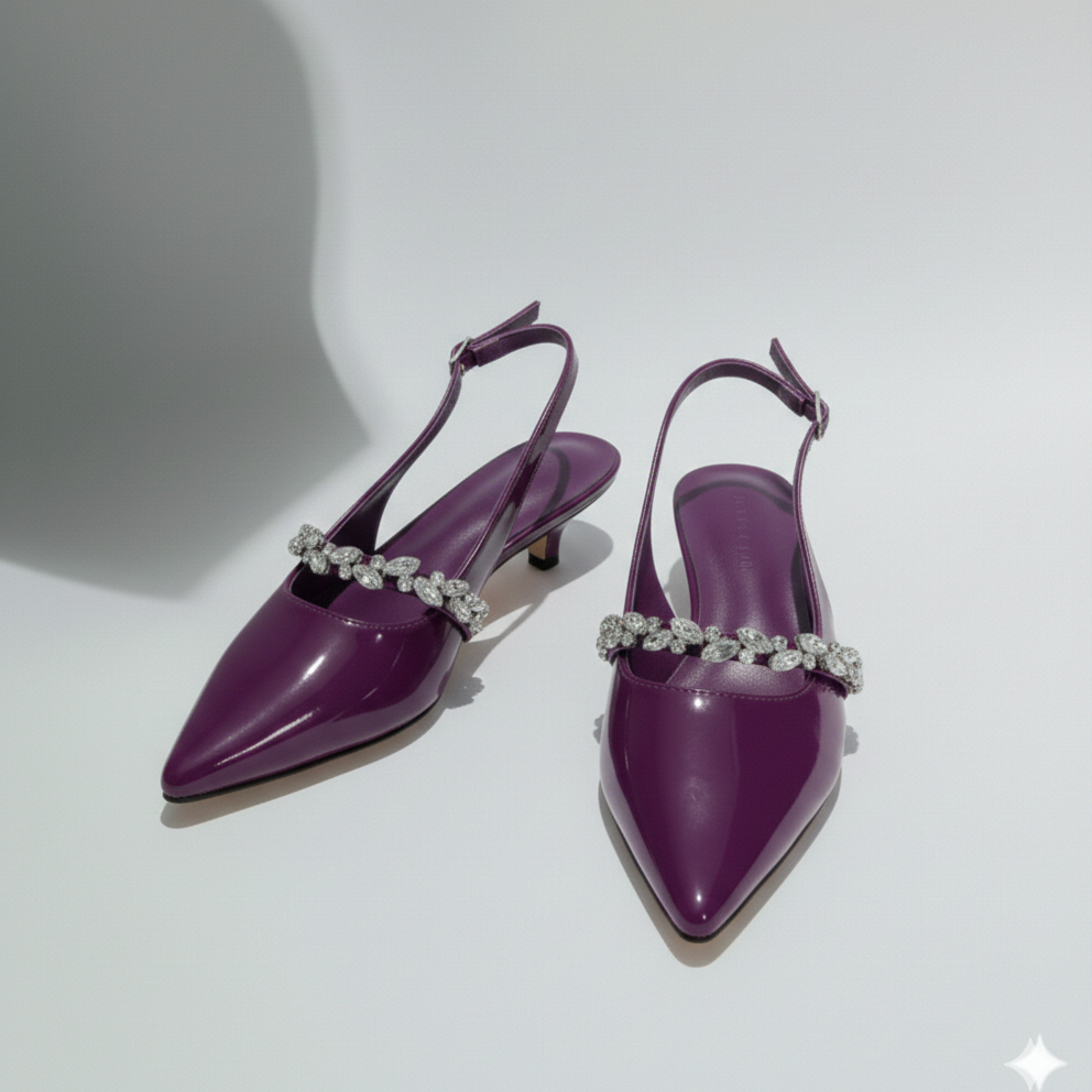 Purple high-heeled shoes with decorative straps on a white background