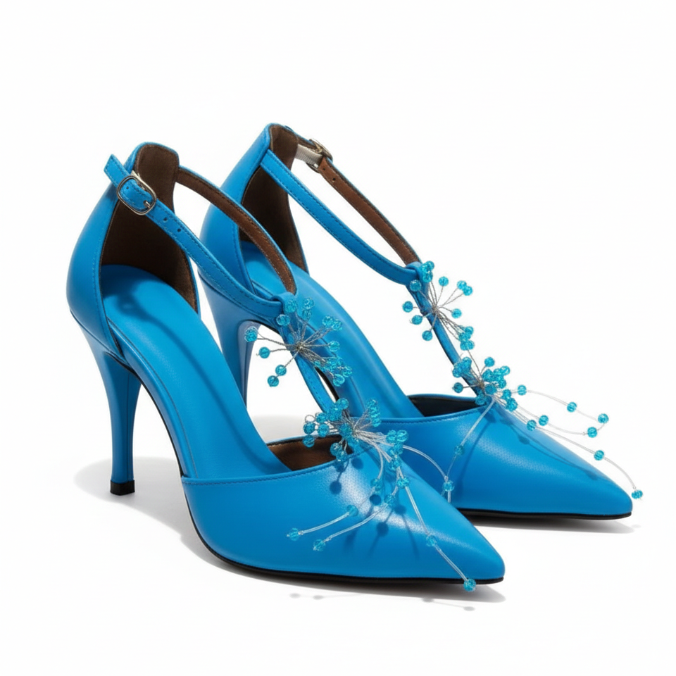 Blue high-heeled shoes with decorative elements on a white background