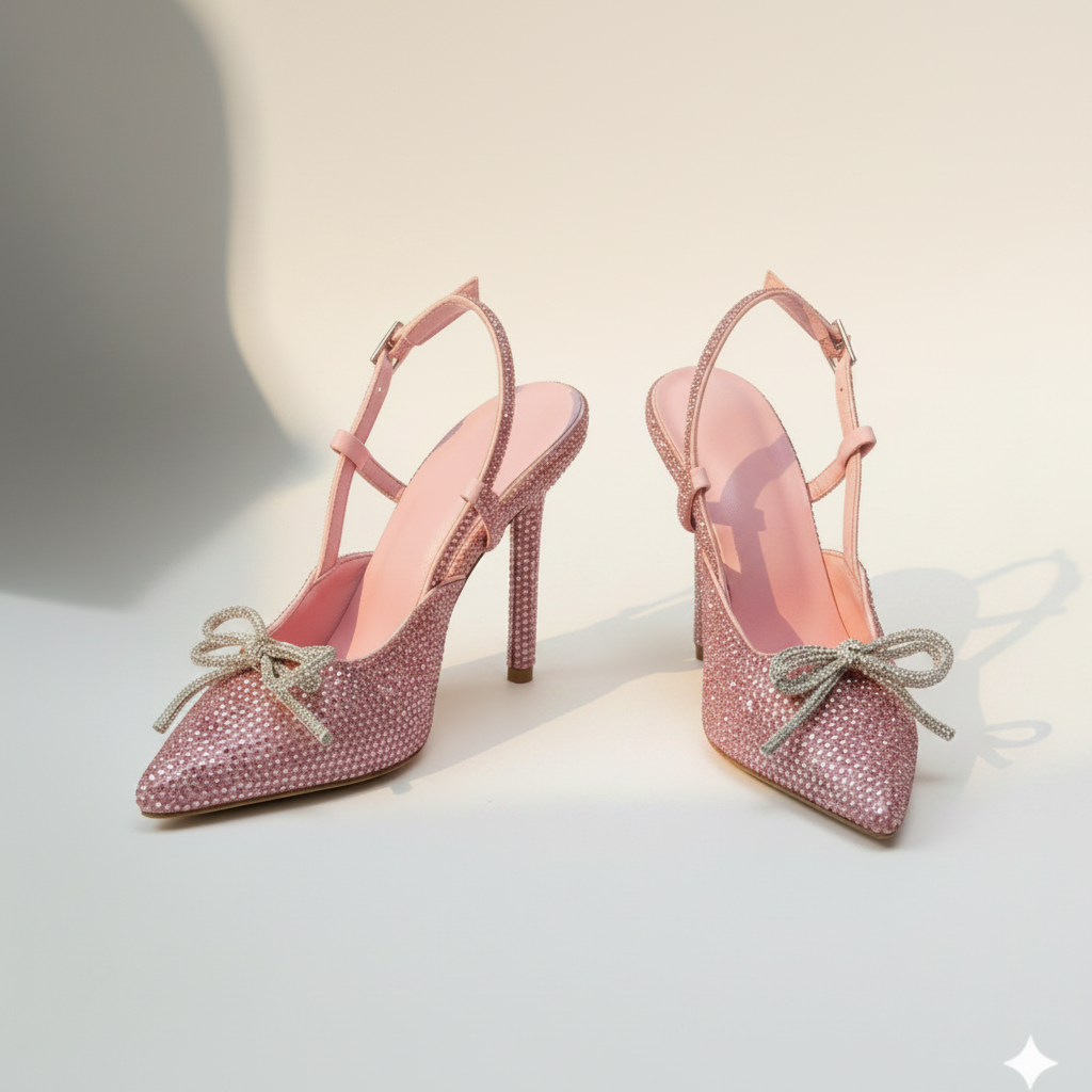 Pink high-heeled shoes with rhinestone embellishments on a light gray background