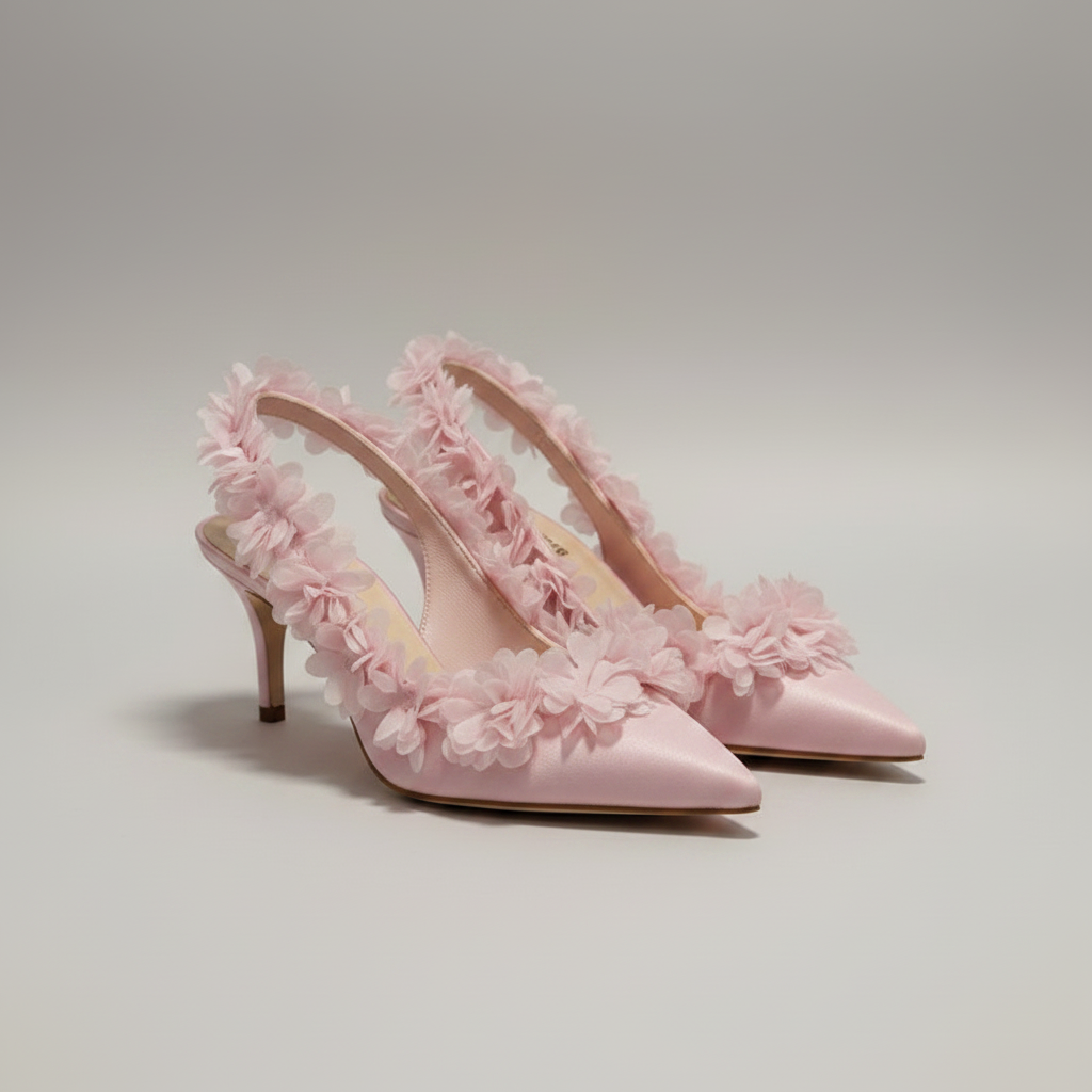 Red high-heeled shoes with floral embellishments on a light gray background